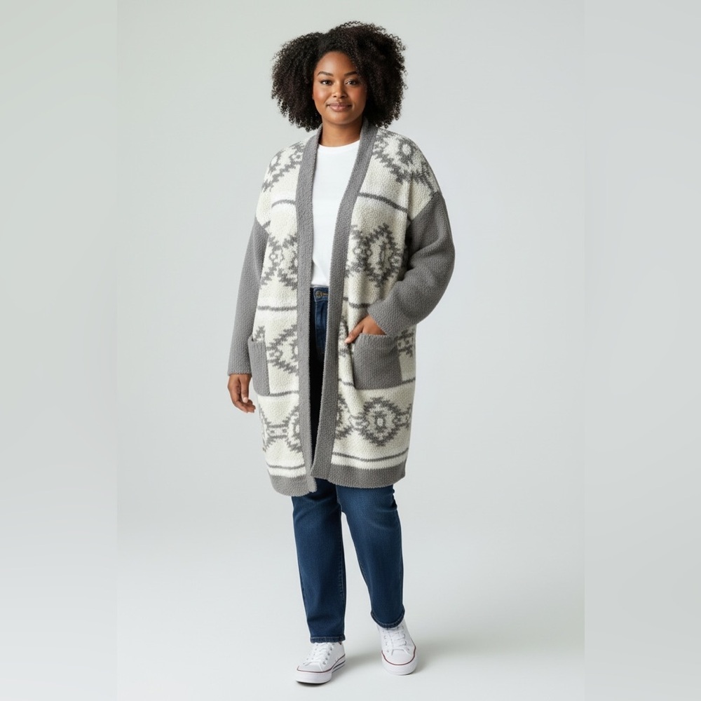 Simply Southern XXL Long Line Cardigan Southwestern Geometric Duster Soft Fuzzy